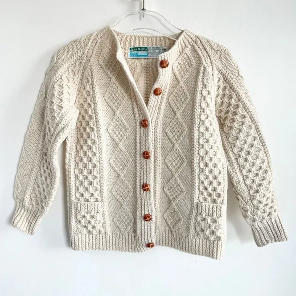 Vintage John Molloy Irish Fisherman Aran Cable Knit Wool Cardigan Sweater Cream